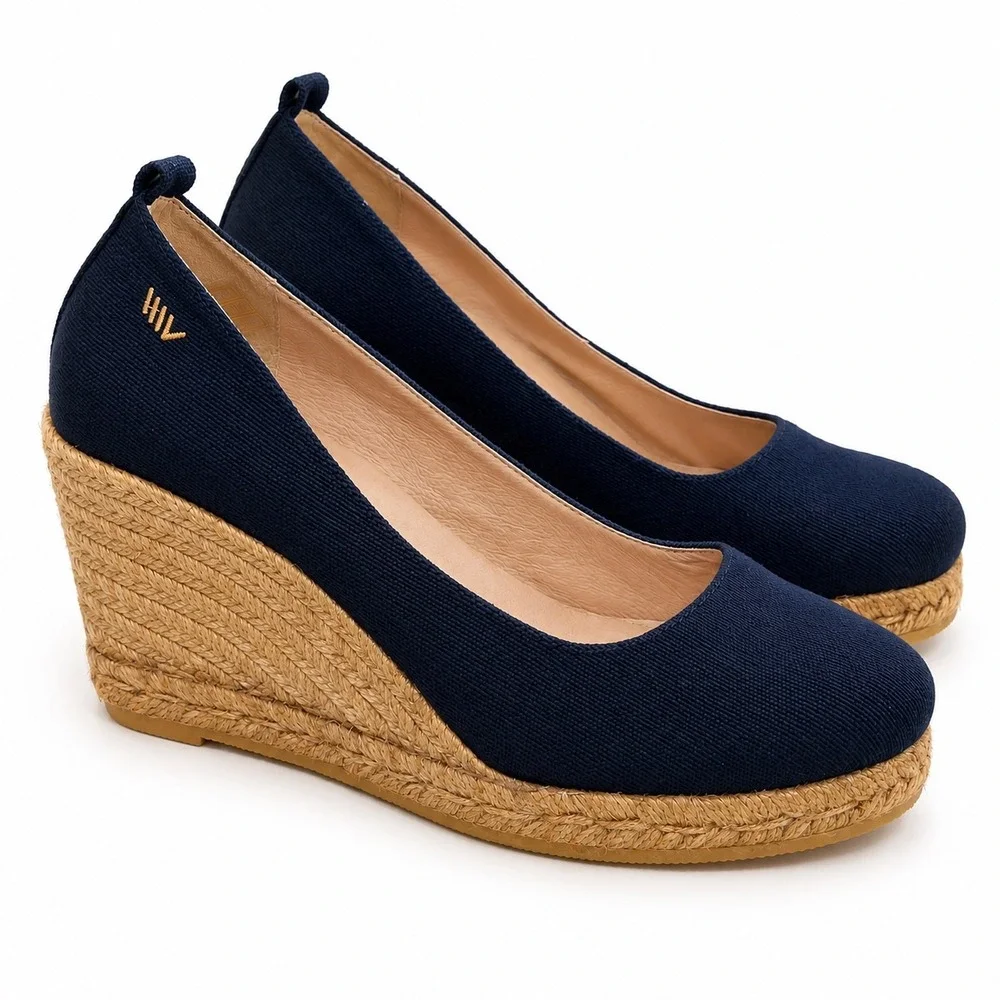 Viscata Barcelona Navy Blue Canvas Espadrille Wedges Made in Spain Size 41 US 10